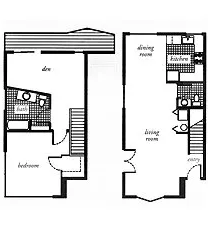 A floor plan of a two-story house with a dining room on the second floor.